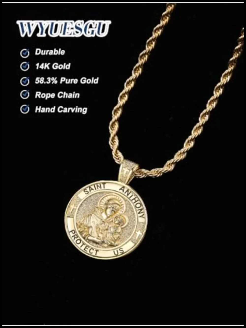 14K Gold Plated St Dymphna Pendant Necklace Catholic Religious Gift with Rope